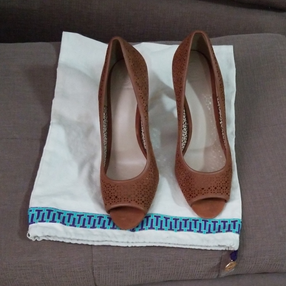 Tory Burch Laser Cut Brown Suede Peep Toe Pumps